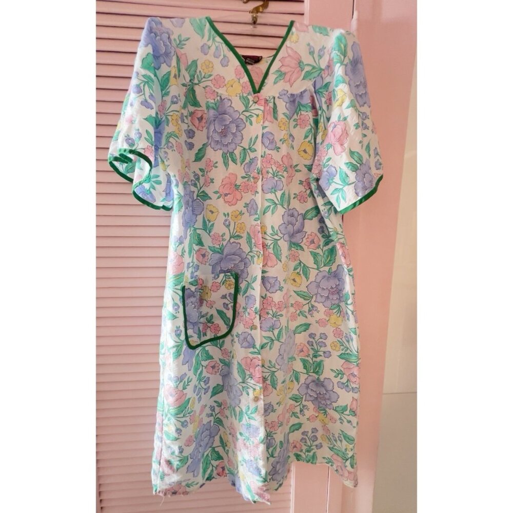 Seersucker Sz L House Dress Robe Floral Housecoat Made USA Snap Front Pocket Vtg